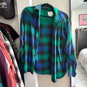 American Eagle Medium Green and Blue Plaid Flannel Shirt